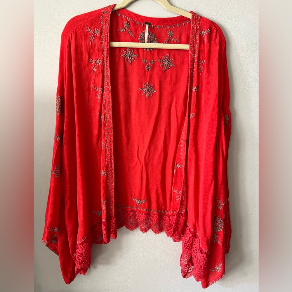 Free People red embroidered open cardigan shawl size medium